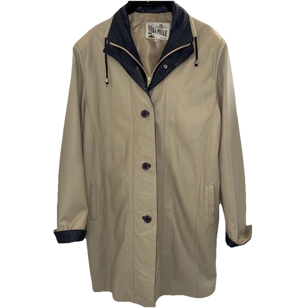 Vera Pelle Leather Jacket Women 46 Beige Two Tone Car Coat Made Italy Buttery